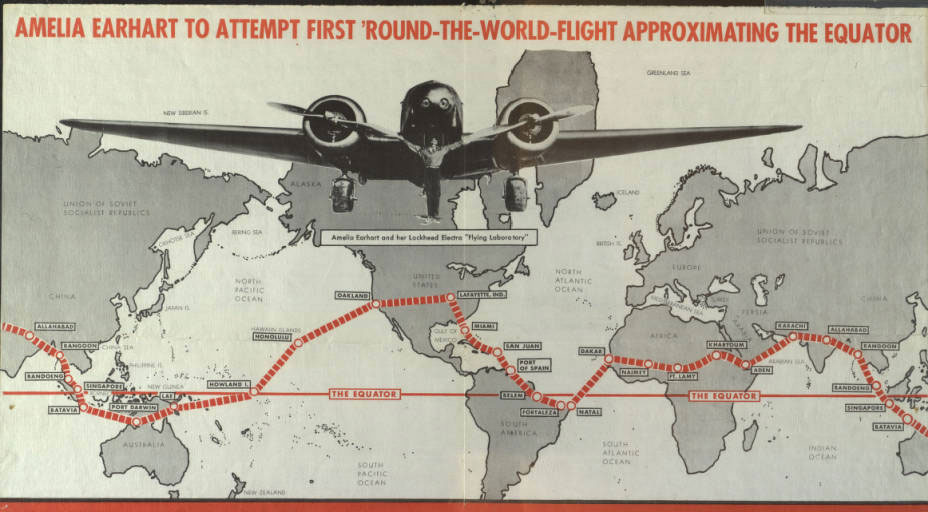 La mappa della rotta di Amelia Earhart nel tentativo di circumnavigazione del globo attorno all'Equatore 